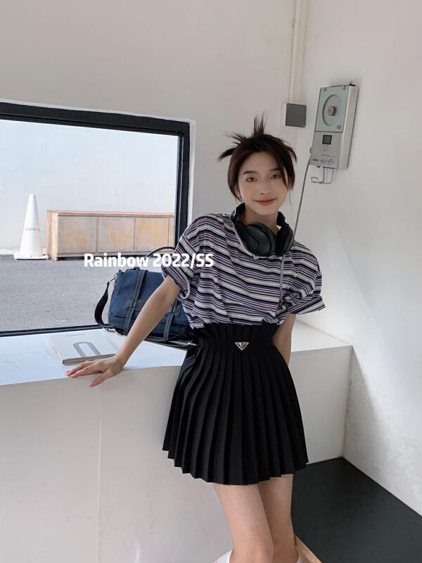 [rainbow] stripe fashion retro short sleeve T-shirt 08175\wtt