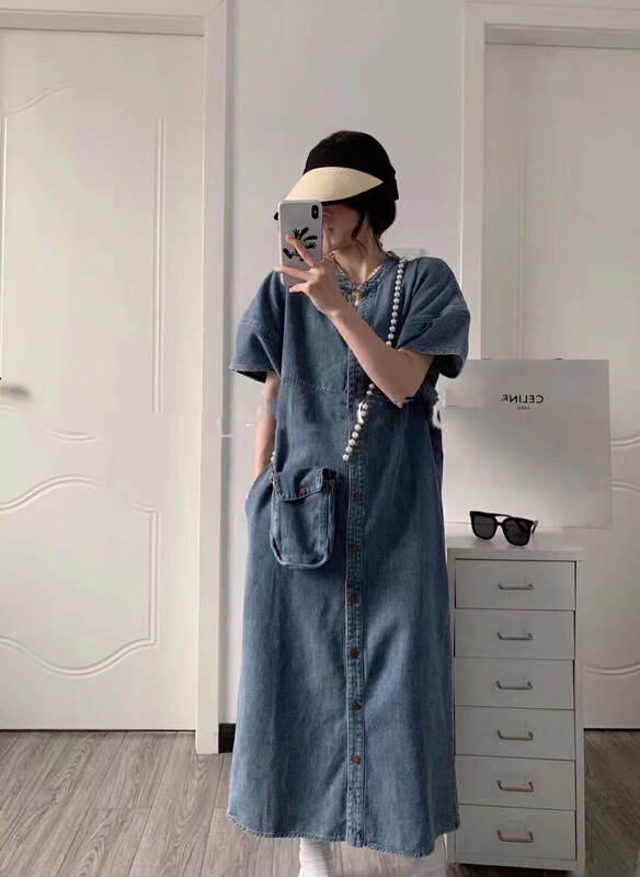 [lidada] Korean denim single breasted short sleeve dress (with bag) 2356\hbx