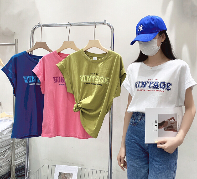 [gdgd] round neck curled half sleeve letter short sleeve T-shirt 1964\wtt