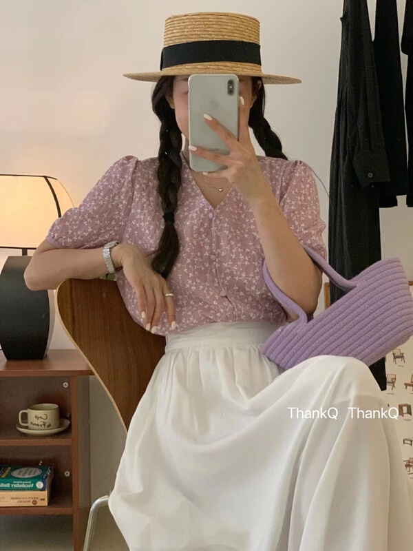 [thankq] Korean V-neck fresh shirt 6896\zjy