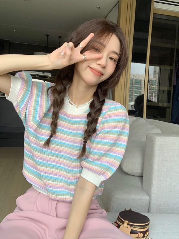 [f · P] crew neck versatile stripe T-shirt 6242\hbx