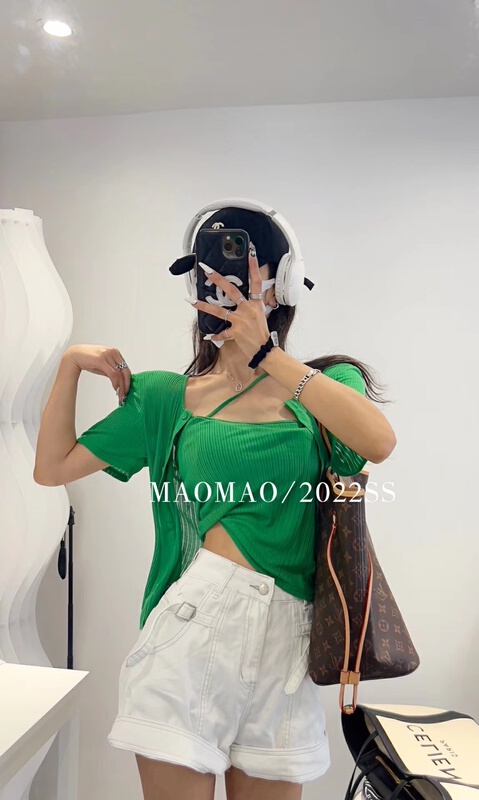 [Maomao] solid color versatile sling + short sleeve button up blouse set 781\wtt