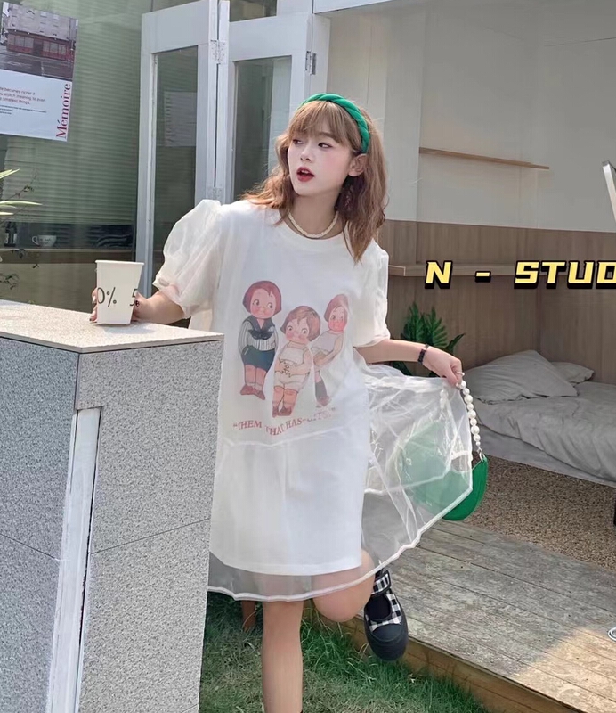 【N】 Mesh short sleeve fake two piece patchwork dress 0969\wtt