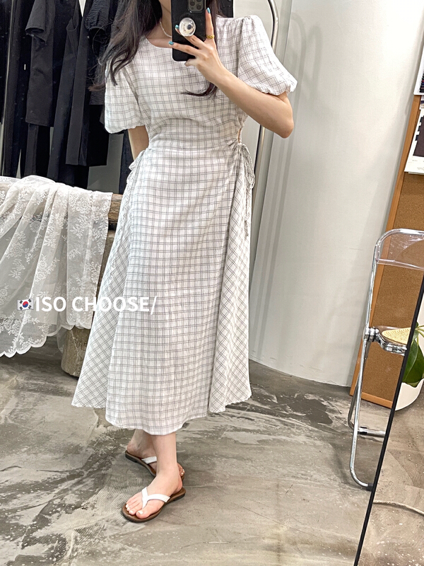 [ISO Korean] ladies' Plaid Design hollow out waist revealing dress 3133\hjy