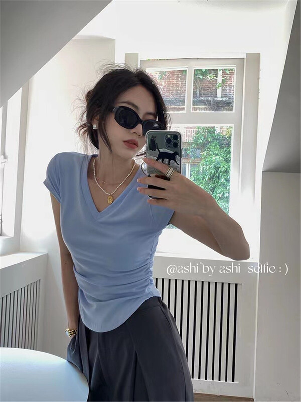 [M · young] temperament V-neck waist closed short sleeve T-shirt 8113\hjy