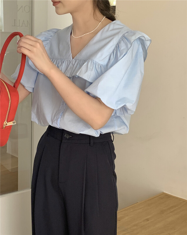 [feeding] Korean style lotus leaf collar breasted bubble sleeve shirt 3380-h7\cls