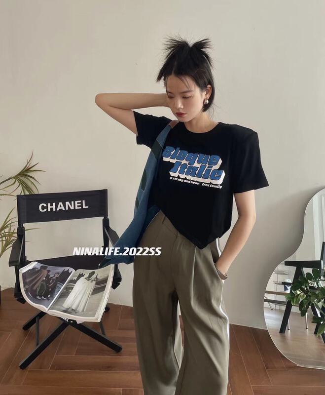 [Nina life] irregular letter printed short sleeve T-shirt 6057\zxl