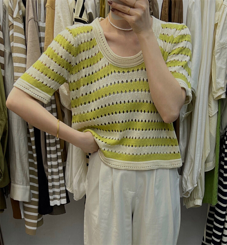 [h-xl] simple Japanese versatile hollow stripe T-shirt m3038\ll