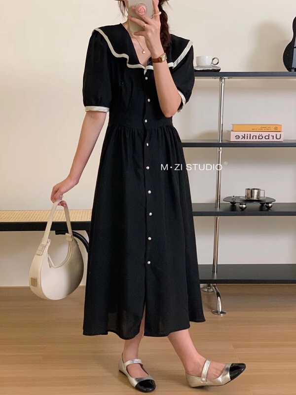 [m.zi studio] single breasted color blocked fashion dress 16152\hbx