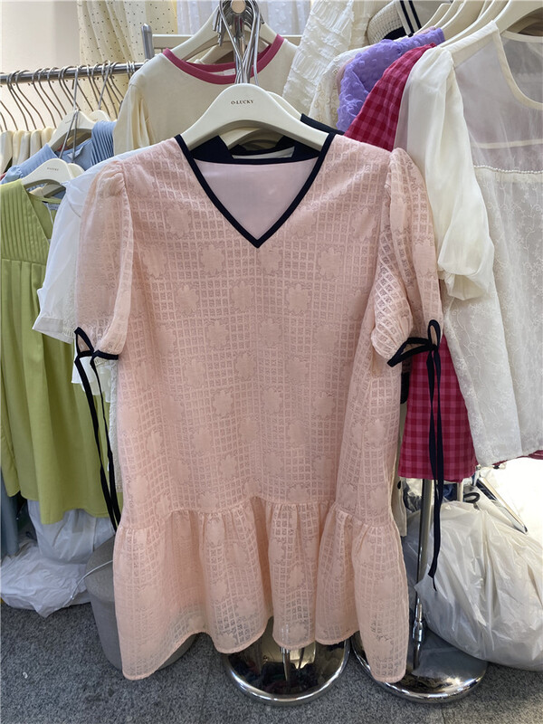 [o.lucky] V-neck contrast lace up small fresh dress 1872\hbx