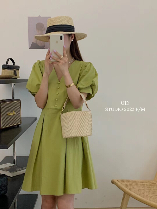 [U grain] bubble sleeve V-neck waist button dress 6113\hbx