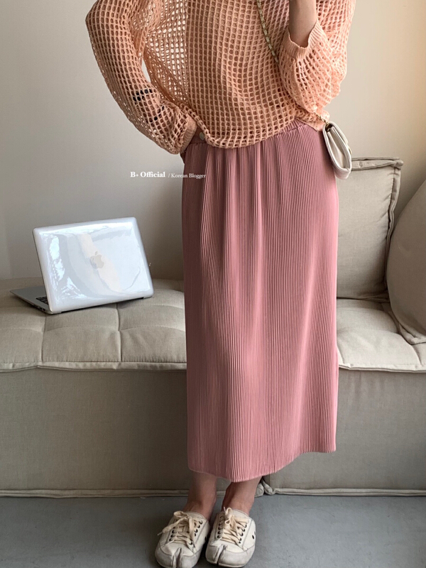In early summer! [B plus] versatile elastic waist slim pleated skirt 22-9192-2\hbx