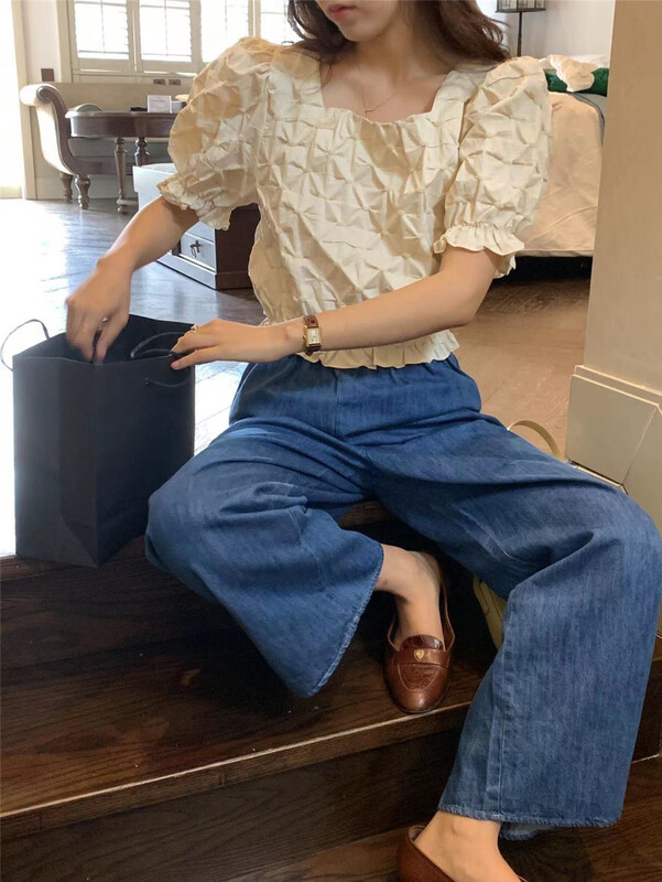 [OA] solid color texture bubble sleeve short shirt 1300\xyy