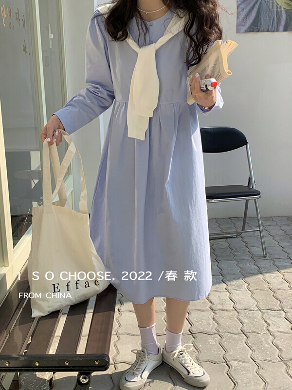 早春上新！【ISO韓系】韓國chic極簡圓領三粒扣設計感燈籠袖純連衣裙  2698#  HJY