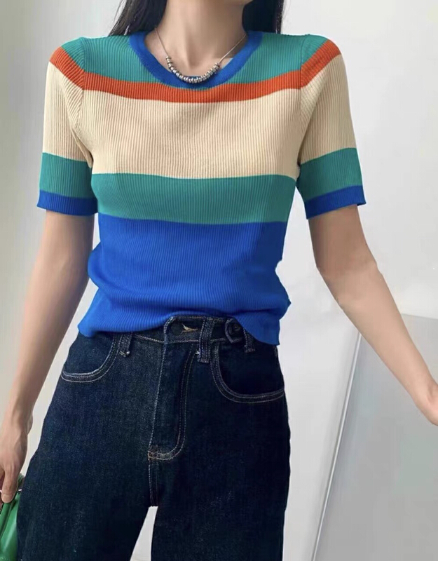 [f · P] Korean Rainbow Stripe slim fitting short sleeve T-shirt 47151-1\hbx