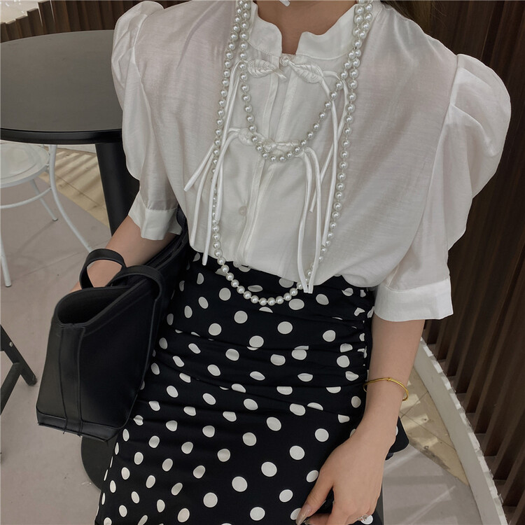 [semi vegetarian] big woman button up bubble sleeve shirt v339\zsy