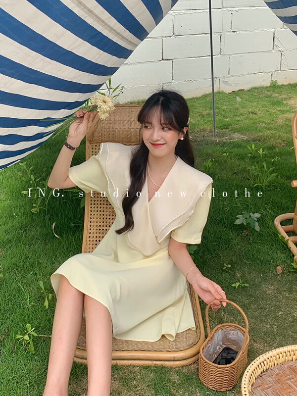[ing] French sweet Ruffle V-neck lace up dress ing-7786\hbx