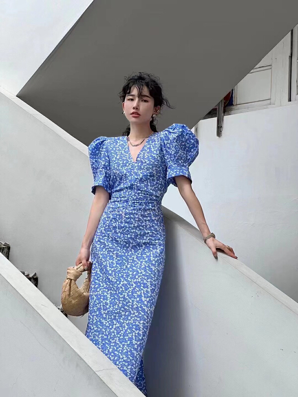 [K2 design] Korean V-neck bubble sleeve floral waist dress l99\wtt