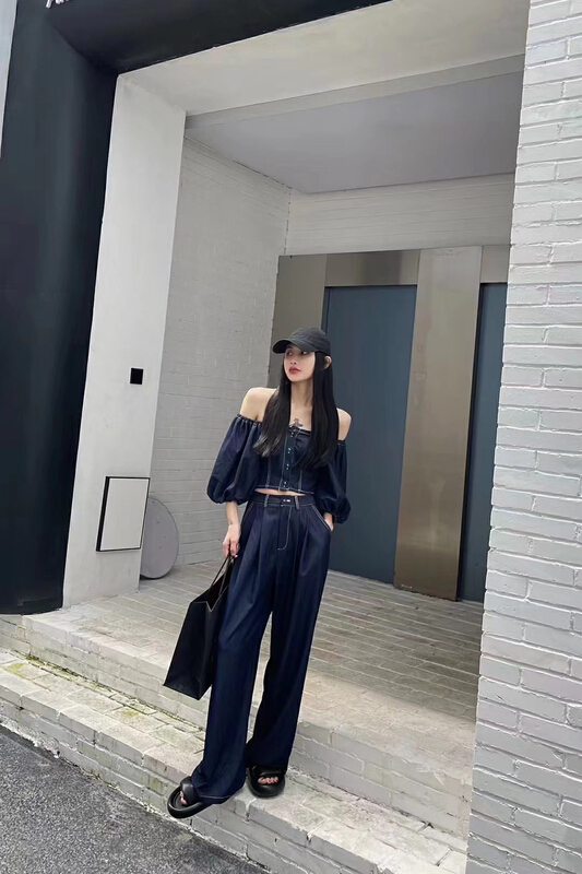 [mi ni] fresh and simple one shoulder shirt + loose jeans set 1296\pcz