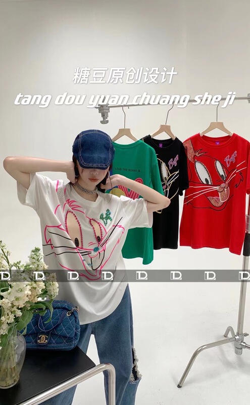 [original by tangdou] casual simple cartoon hot diamond printed loose short sleeve T-shirt 9677\wtt