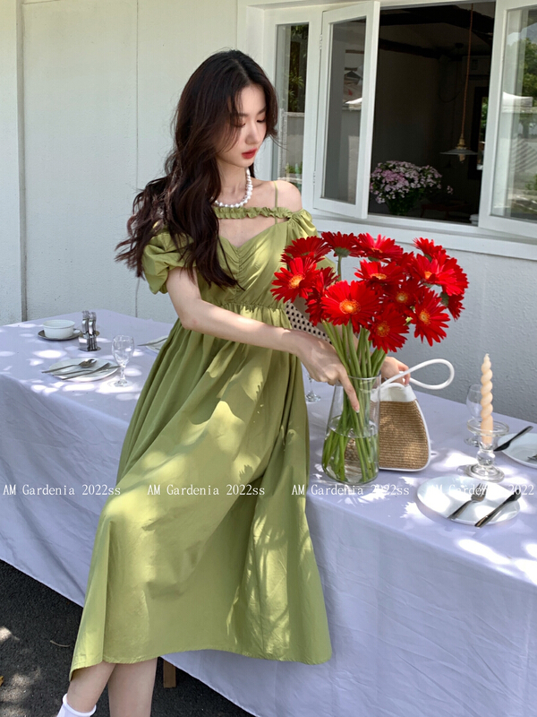 [am Gardenia] Korean style pure desire wind two wear peach neck dress 3613\pcz