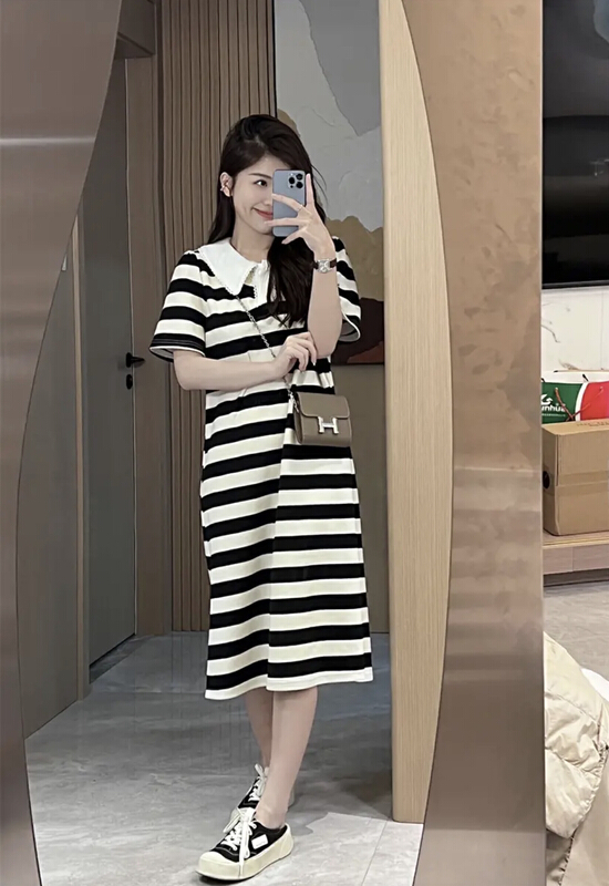 [JH] doll neck mid length striped dress 41784\pcz