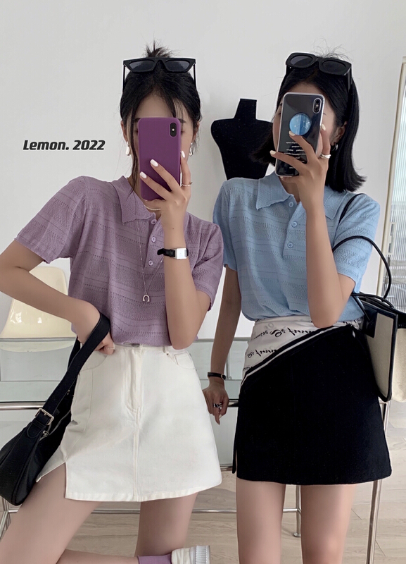 New in early summer! [lemon green tea] Korean Short Sleeve clean color sweater 66-068\hjy