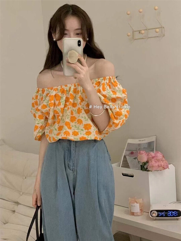 [hey Bella] Korean style bubble sleeve printed shirt ys1-1579\ll