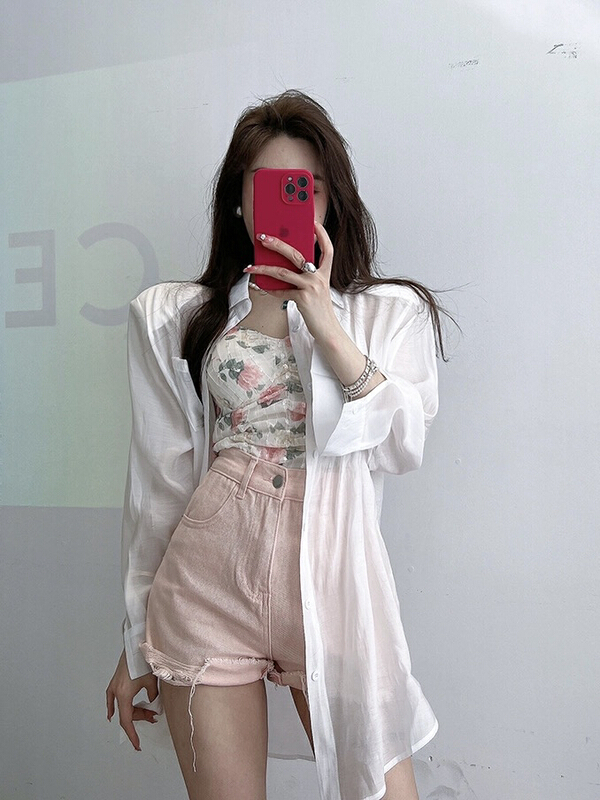 [JH] net red sunscreen shirt + beautiful back suspender Vest + wash jeans shorts suit (only suit) 41773\pcz