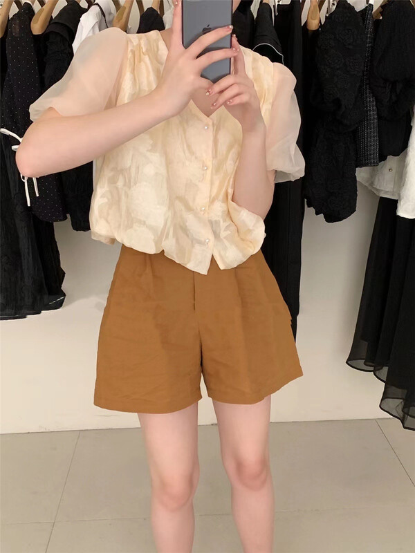 [hi] V-neck single breasted short shirt 9792\hjy