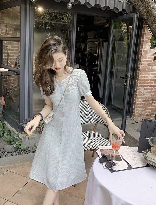 [JH] net red medium long baby collar Lantern Sleeve small fragrance breasted dress (dress only) 41809\pcz