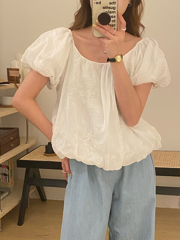 [tototellme] Korean U-neck bubble sleeve solid small shirt 25103\hbx