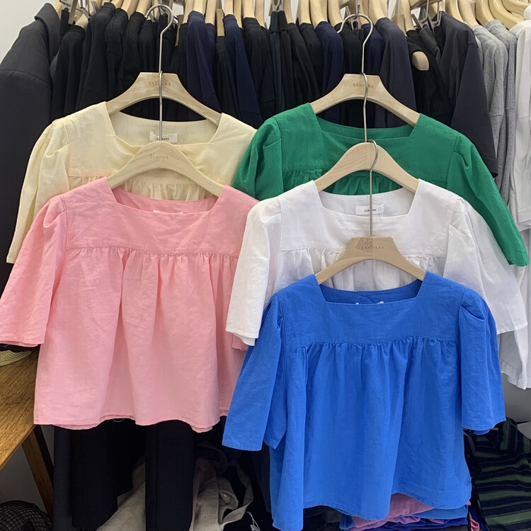 [sanbara] Korean style square neck bubble sleeve short shirt 9577\lsw