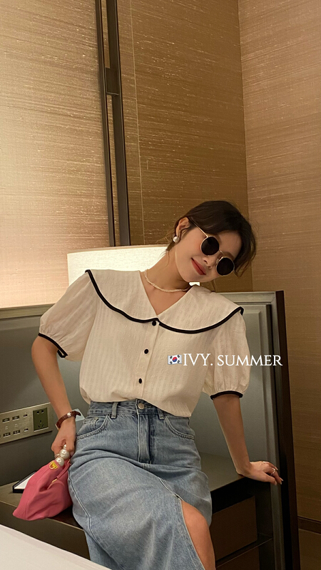 [Ivy] Korean style simple color contrast single breasted shirt 88271\jhy