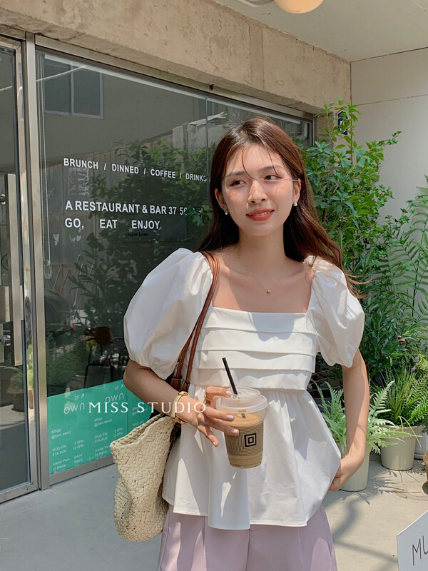 [miss miss home] Korean style square neck pleated sweet shirt l6640