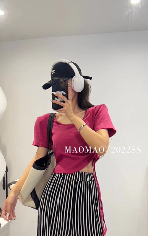 [Maomao] side drawcord solid color Pullover versatile short sleeve T-shirt 786\wtt