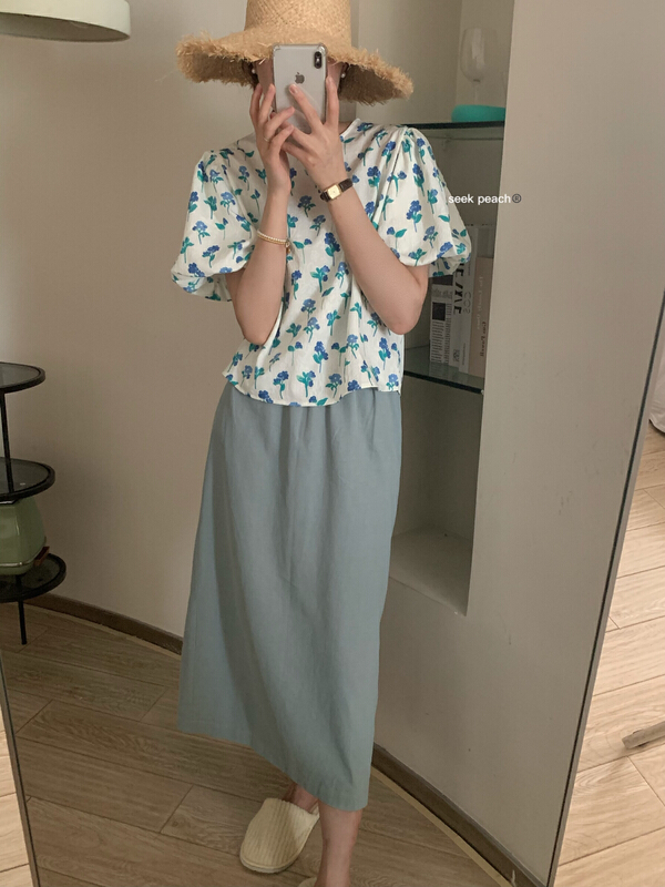 [seek peach] lady's floral bubble sleeve shirt 5356\ll