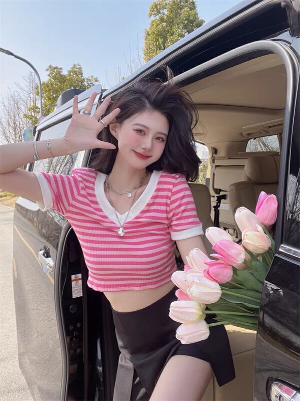 [f · P] elegant goddess V-neck stripe short T-shirt q515\hbx