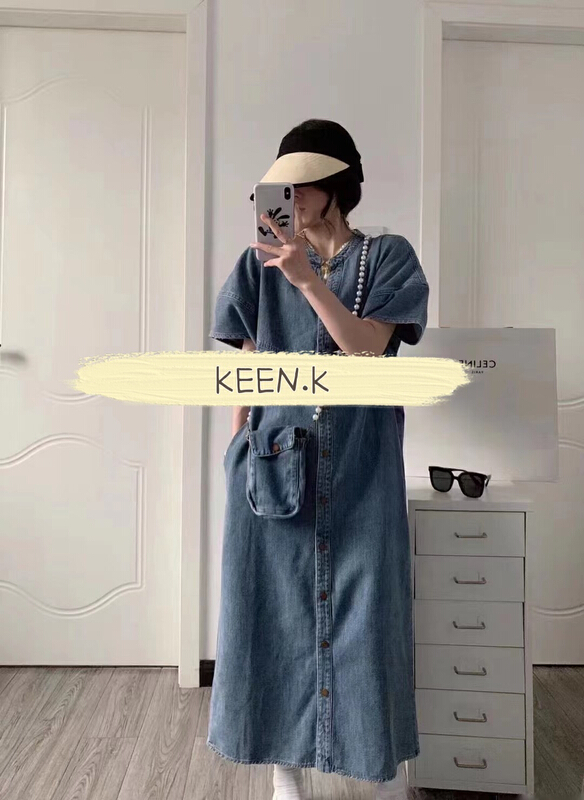[keen k] forest style retro wash silhouette sleeve denim dress (with satchel) l87\wtt