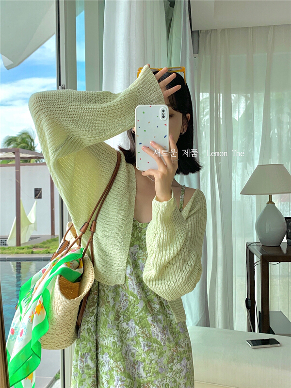 New year in early spring! [lemon green tea] Korean pure color versatile fashion knitted cardigan kk-032\hjy