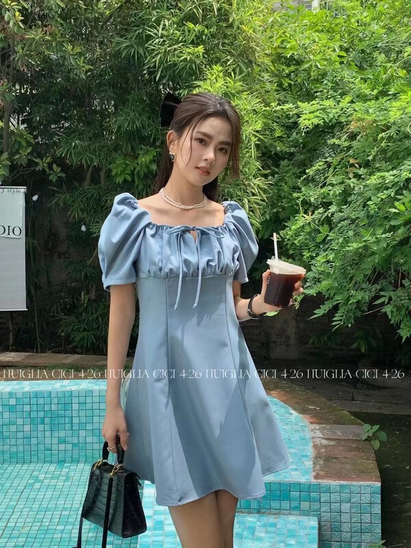 [Cinderella] little womanly pleated lace up Lantern Sleeve Dress ys1-8691\zjy