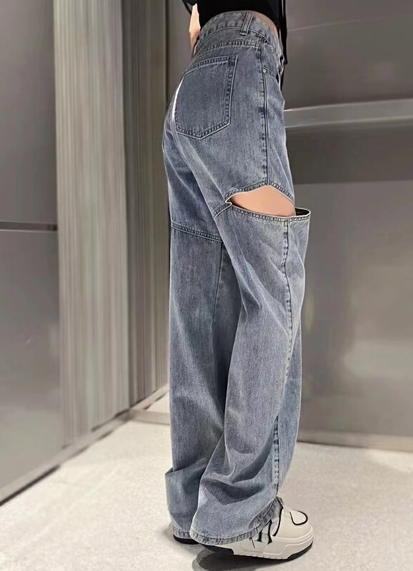 [AI x2 denim] personalized trend hollow out mopping jeans 3717\hjy