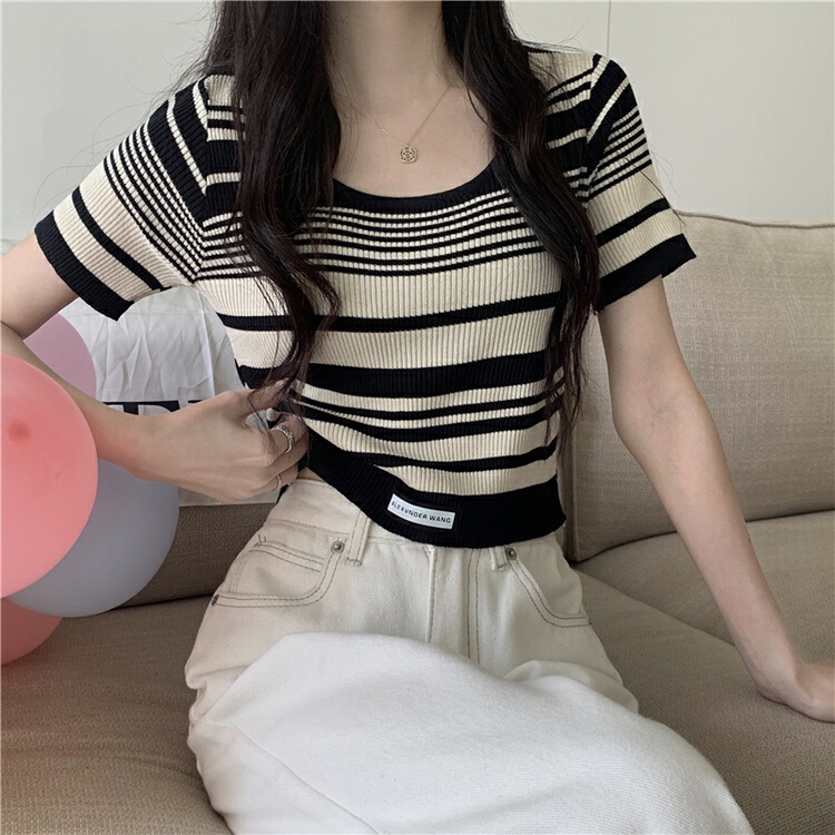 [f · P] Korean stripe slim fit color block short T-shirt a1711\hbx
