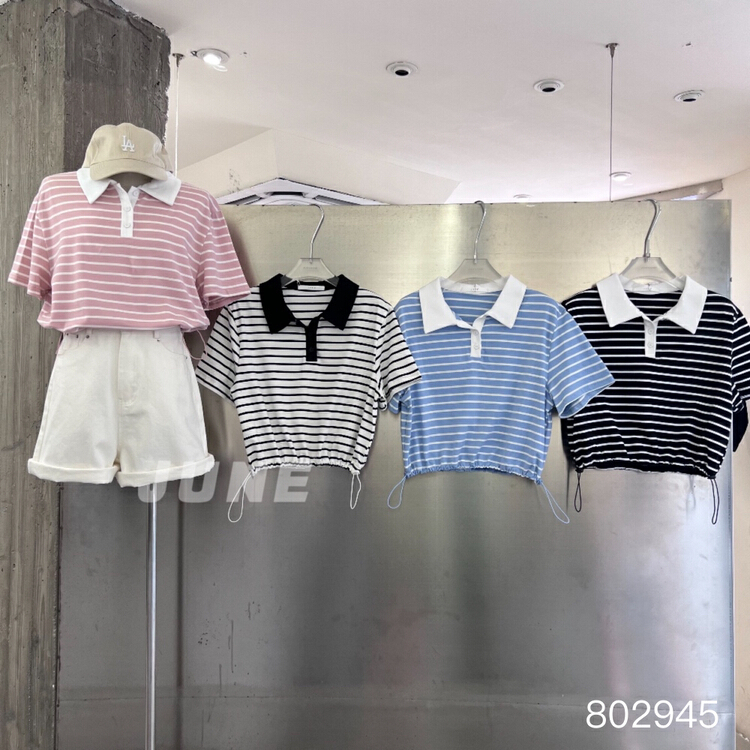[June] personalized Stripe Polo neck drawcord short short sleeve T-shirt 802945\xyy
