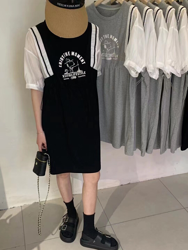 [Xiaolu family] letter splicing sleeve waist drawcord design dress 80638\wtt