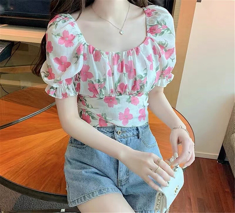 [t+] square neck floral back lace up shirt 933\ll