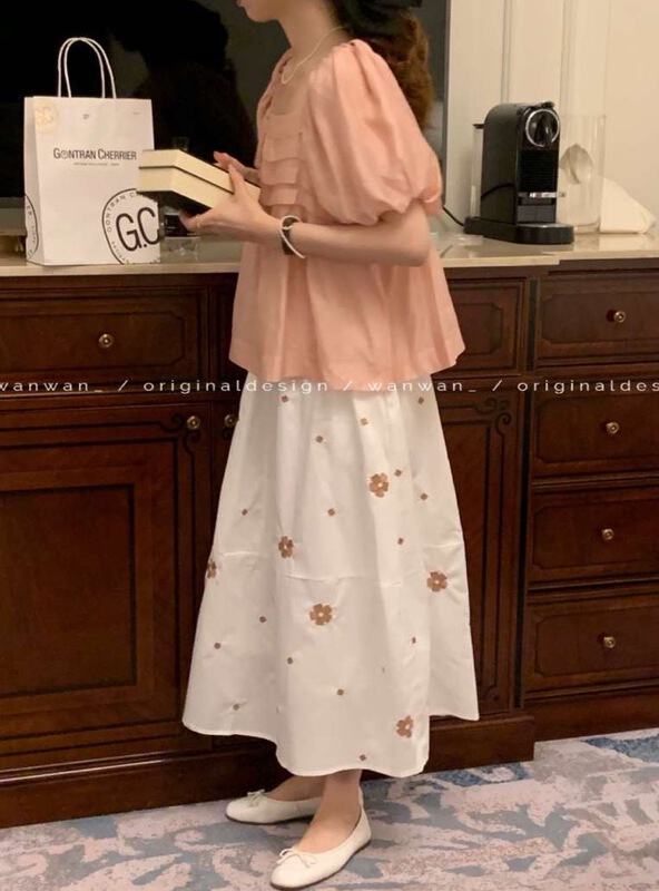 [wanwan] sweet flower embroidered elastic waist skirt 1793\hbx