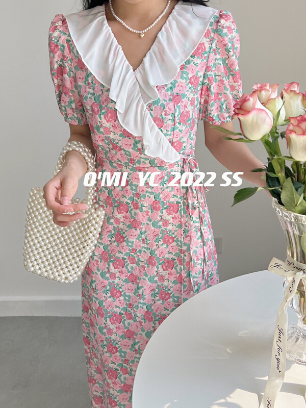 In early summer! [O MI] retro French contrast Ruffle collar floral dress ys-7310\hbx