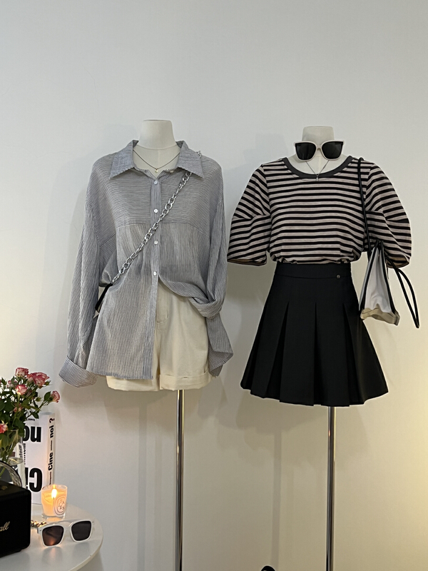 [h2-studio] Korean casual round neck stripe short sleeve T-shirt ys1-a893\hbx