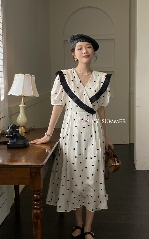 [Ivy] French elegant temperament large lapel wave point waist dress 88293\jhy